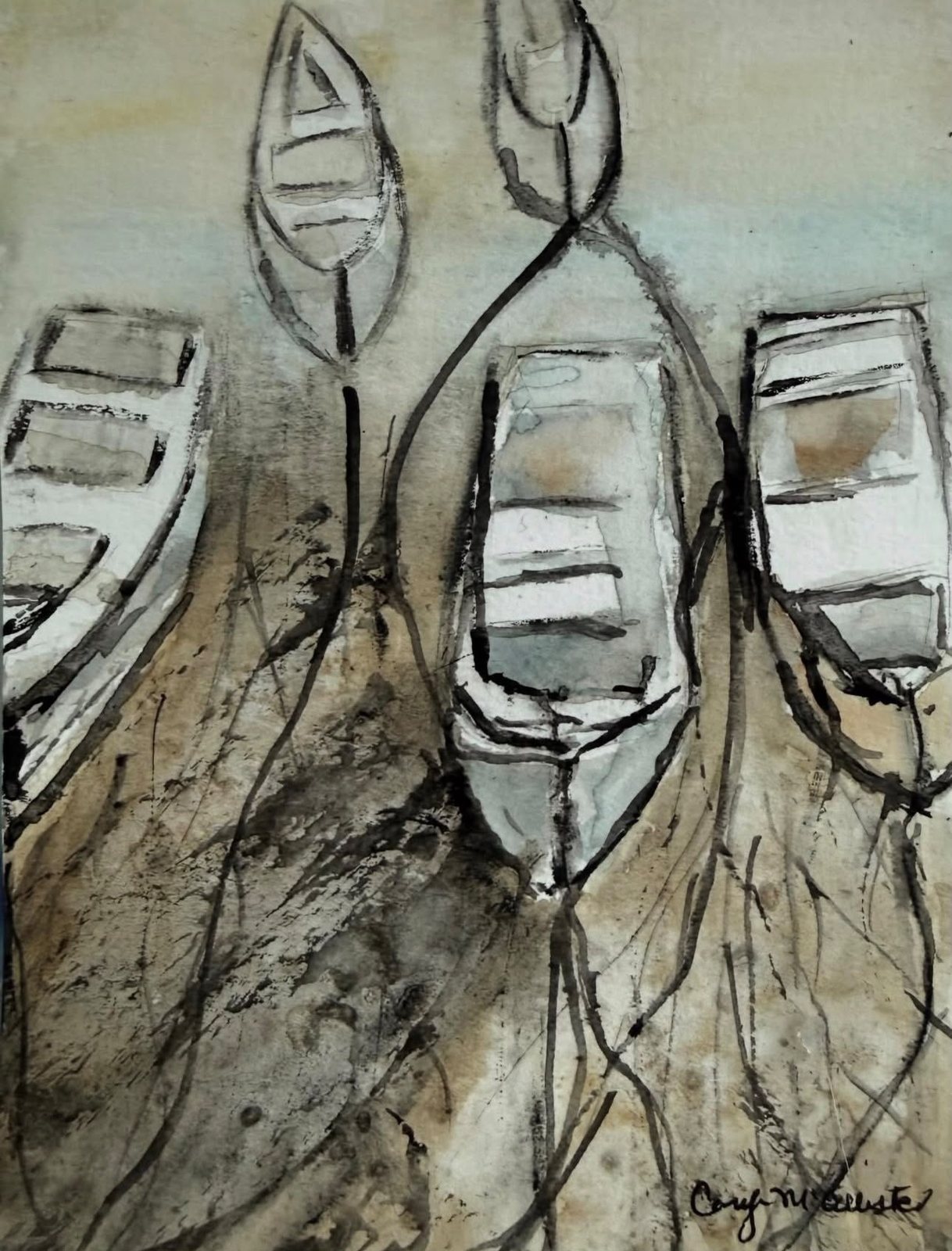 Resting Boats — Ink & watercolor wash