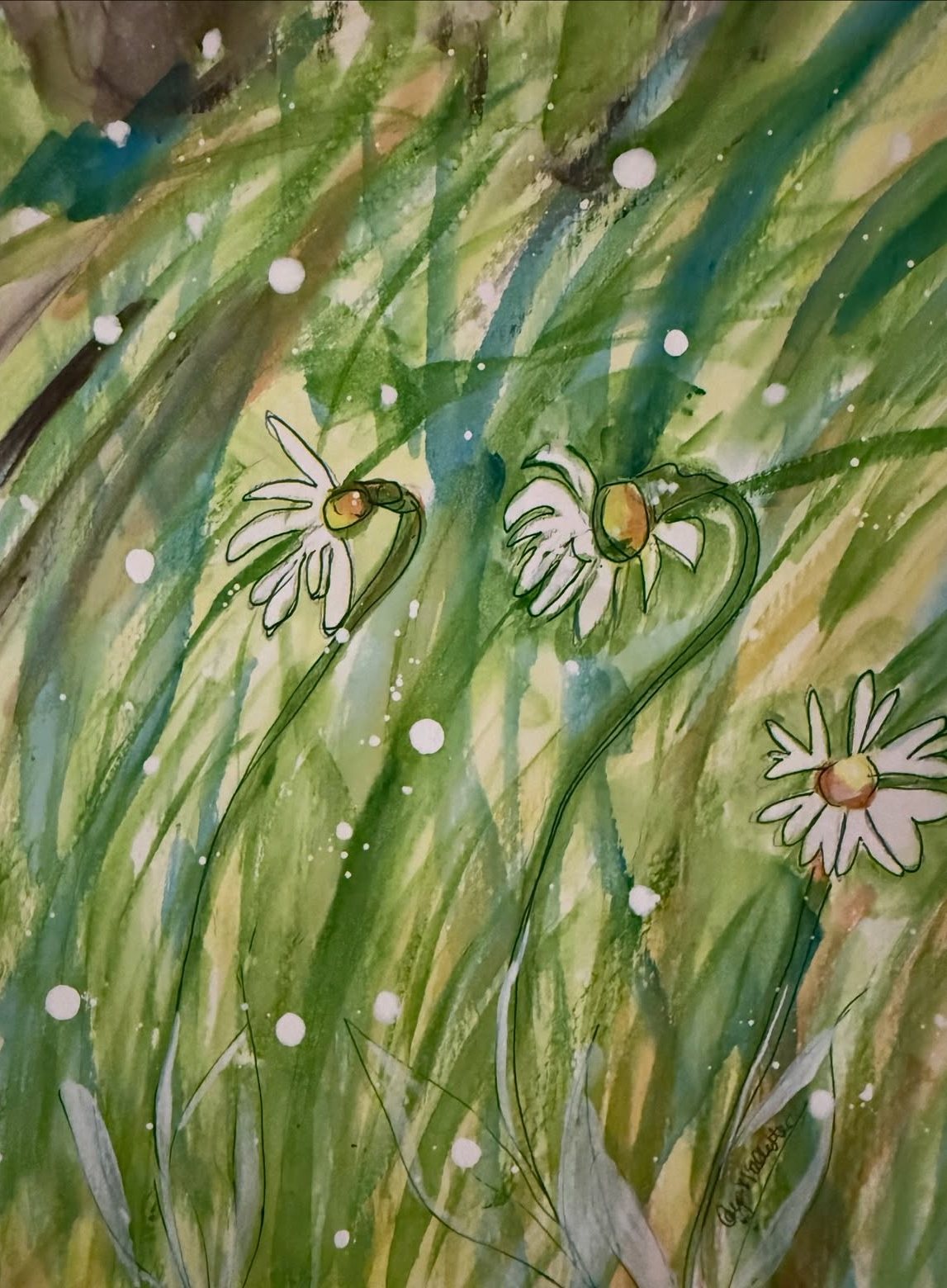 Daisies in the Wind — Watercolor & ink